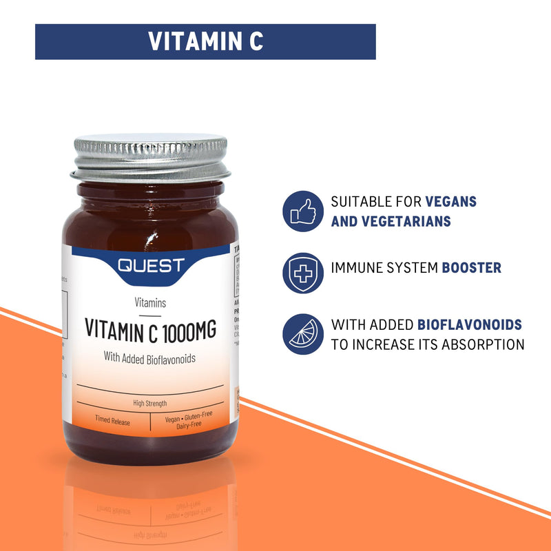 Quest - High Strength Vitamin C 1000mg with Bioflavonoids. Time Release Vitamin C Supplements for Immune Support, Collagen Production and Iron Absorption. Vegan & Gluten-Free (90 Tablets)