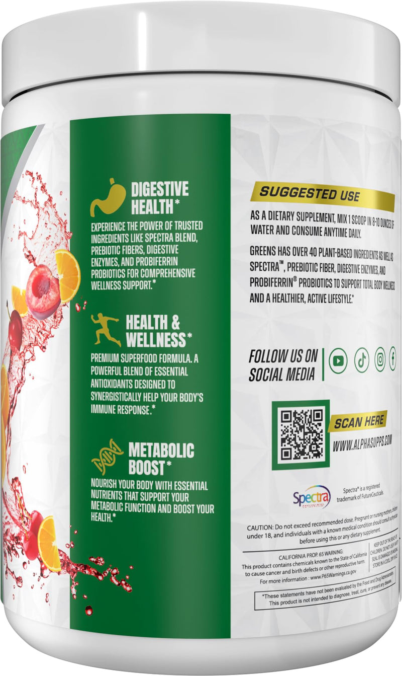 Alpha Supps - Alpha Greens Supplement | Fruit & Vegetable Superfood Powder | Over 40 Natural Plant Based Ingredients | Prebiotic & Probiotic Digestive Support Blend - 30 Servings (Orange Cherry) Orange Cherry
