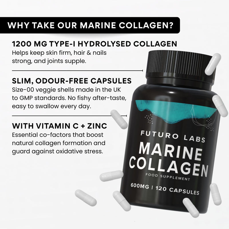 Marine Collagen Capsules 1200mg Serving with VIT C (12mg) and Zinc (1.5mg) - Made in the UK - Type 1 Hydrolysed Marine Collagen Supplements for Women & Men - 100% Pure, Premium Type 1-60 Day Supply