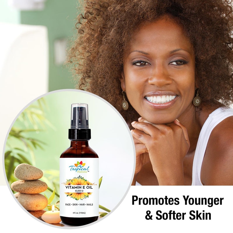 Pure Organic Vitamin E Oil 4 fl oz - 43,000 IU, 100% Plant Based Natural Moisturizer for Skin, Scars, Nails, Acne, Hair Growth, Wrinkles, Dark Spots