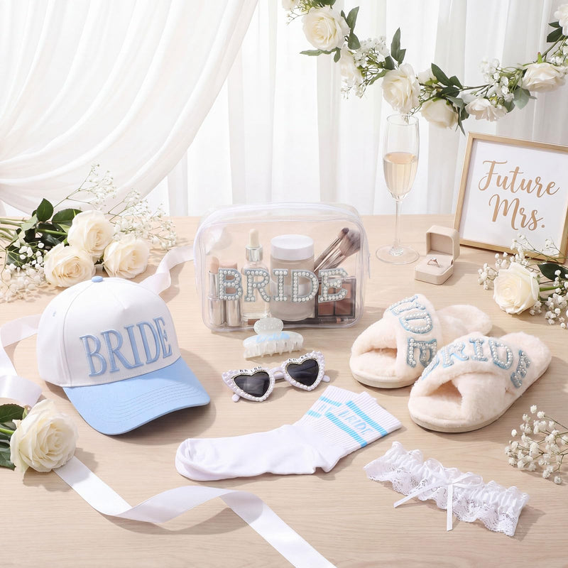 Kacctyen 6 Pcs Something Blue Bridal Shower Gift for Bride to Be Wedding Gifts Set for Bride Include Slippers Makeup Bag Heart Sunglasses Baseball Cap Socks Hair Claw Clip for Bachelorette Engagement