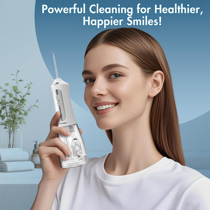 [Australia] - BarberBoss Water Flosser, Plaque Remover for Teeth, Oral Irrigator, Electric Dental Flosser, Dental Irrigator with 5 Nozzles and Cleaning Modes, Portable Oral Irrigator, QR-7024 (White) 