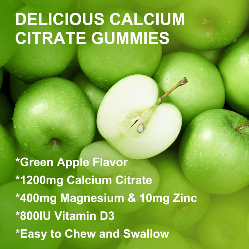 Calcium Citrate 1200mg with Vitamin D3 for Women, Bone, Teeth Support, 60Ct | WOGORGT - Chewable Calcium Citrate Gummies with Magnesium, Zinc, D3, K2, Daily Wellness Support for Women & Men, Apple Flavor 60 Count (Pack of 1)