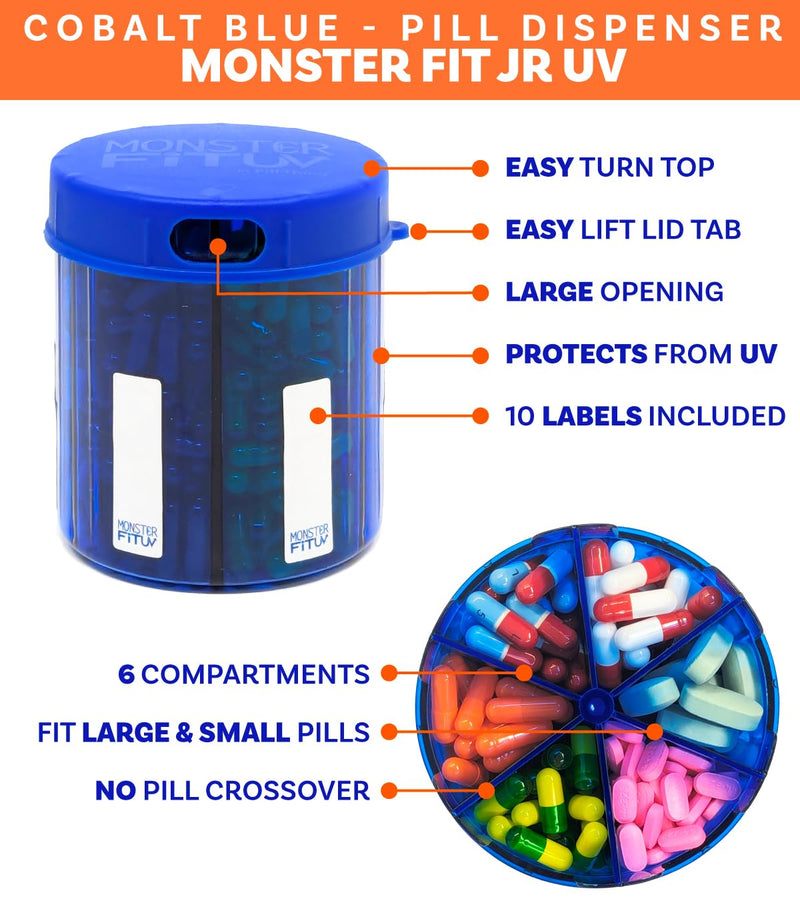 Supplement Pill Dispenser Bottle, 6 Compartment, Labels, Easy Open, Anti-Mixing, UV Protected, Monthly Vitamin, Monster Fit Jr Medication Holder (Cobalt Blue, Small) Cobalt Blue