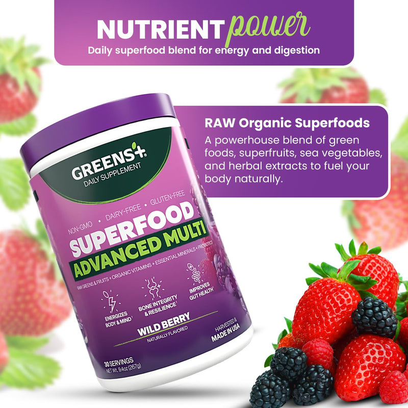 Greens+ Advanced Multi Wild Berry Superfood Powder | Organic Blend | 9.4 oz | Dietary Supplement with Vitamins & Minerals | Vegan | Non-GMO | Soy-Free | Dairy-Free | Gluten-Free | Naturally Flavored Wildberry