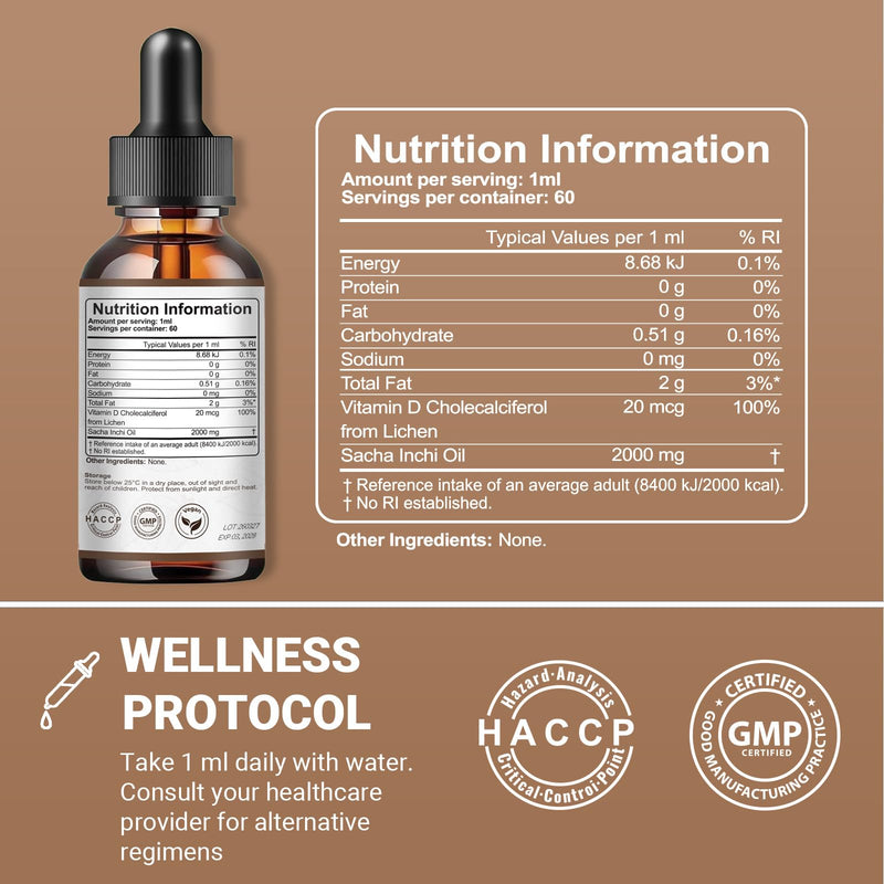 Omega 3 High Strength + Vitamin D3 & Sacha Inchi Oil 2000mg for Joint Care | Max Strength Omega-3 Fish Oil for Heart & Brain, Advanced Joint Support Supplement, Digestive & Energy Support, Vegan 60ml