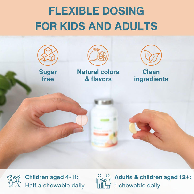 Igennus Vitamin C Chewable 250-500mg Gentle & Buffered for Kids & Adults | Optimized Absorption with Sodium Ascorbate & Ascorbic Acid, Sugar Free Natural Orange & Lemon Flavors, 120–240 Servings