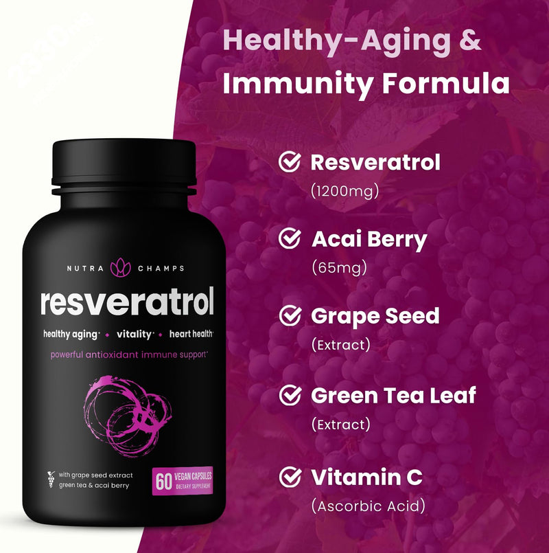 [Australia] - Resveratrol Supplement | Extra Strength Formula for Healthy Aging, Immune Support & Heart Health | 60 Vegan Capsules with Trans-Resveratrol, Green Tea Leaf, Acai Berry & Grape Seed Extract 