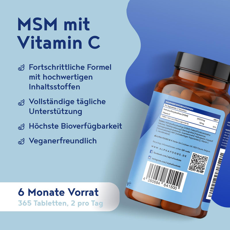 [Australia] - MSM 2000mg with vitamin C - 365 tablets with methylsulfonylmethane - More compact MSM powder than capsules - High dosage and vegan - Alpha Foods 