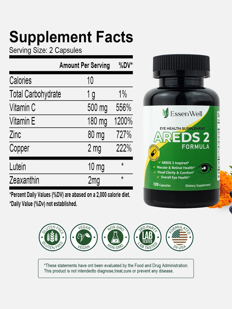 AREDS 2-120 Capsules + Multivitamin, Lutein and Zeaxanthin 20mg, 2-in-1 Eye Vitamin, Contains Vitamin C, D, E & Zinc 120 Count (Pack of 1)