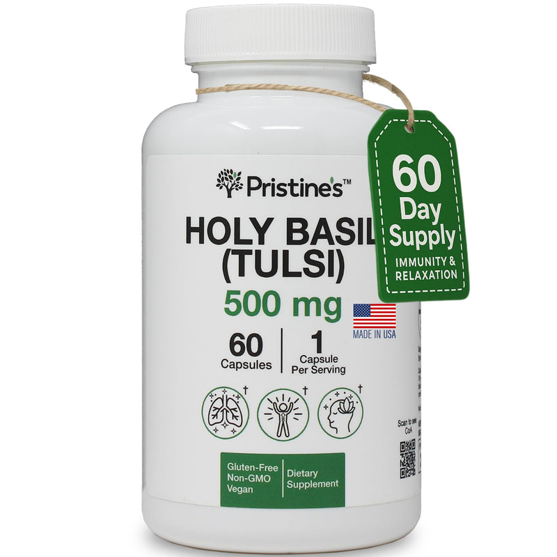 [Australia] - PRISTINE'S Holy Basil Capsules - 500 mg Gluten Free Immunity & Relaxation Support Adaptogen Supplement - 60 Day Supply - Tulsi Holy Basil Leaf Extract Capsules - Vegan - Non-GMO 1 