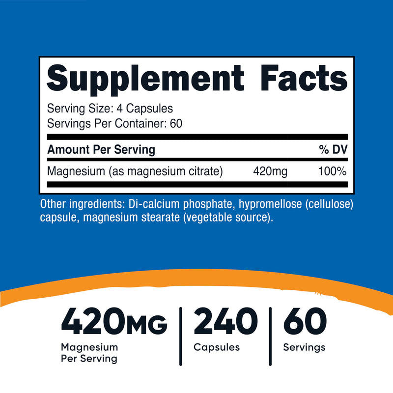 [Australia] - Nutricost Magnesium Citrate 420mg, 240 Veggie Capsules - 60 Servings, Gluten Free, Non-GMO, Vegetarian Friendly 240 Count (Pack of 1) 