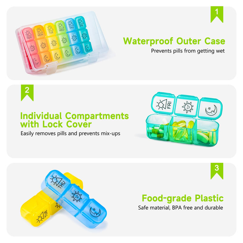 Large 7 Day Pill Organizer Weekly, Chrxbei Daily Medicine Container 3-Times-a-Day, Medication Holder for Vitamins, Fish Oils, Supplement, Deep Pills Planer for Elderly and Family - Morning Noon Night Rainbow 3 Times a Day