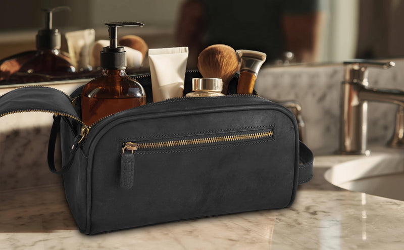 MDS® Genuine Leather Toiletry Bag for Men - Unisex Rustic Classic Vintage Handcrafted Full-Grain Leather Travel Dopp Kit with Waterproof Lining & Handle, Shaving & Grooming Kit Organizer Pouch, Black