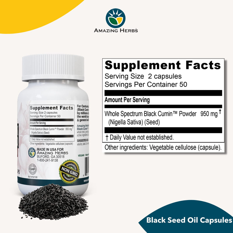 [Australia] - Amazing Herbs Whole Spectrum Black Seed Original Plain, Vegetarian Capsules - Gluten Free, Non GMO, Cold Pressed Nigella Sativa Aids in Digestive Health - 100 Count, 475mg 100 Count (Pack of 1) 