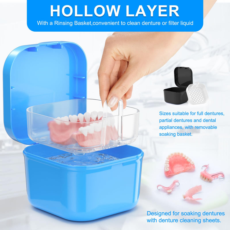 Denture Cup Retainer Cleaning Case Denture Soaking Container with Strainer Basket Dentures Mouthguard Storage Holder Dentures, Clear Braces, Mouth Guard, Night Guard & Retainers for Travel Cleaning Purple+Blue