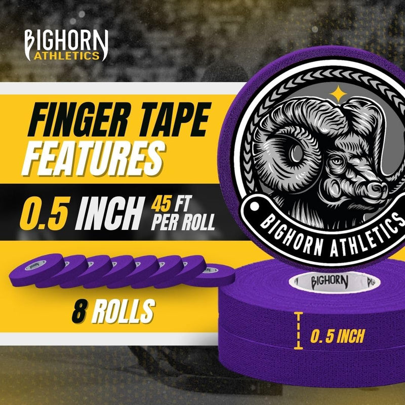 Bighorn Athletics Jiu Jitsu Finger Tape, Rock Climbing Tape | Multipurpose for Sports & Injuries: MMA, Volleyball, Football, Basketball, Tennis, Golf, Hands & Toes, 0.5-Inch x 45-feet, 8-Rolls, Purple