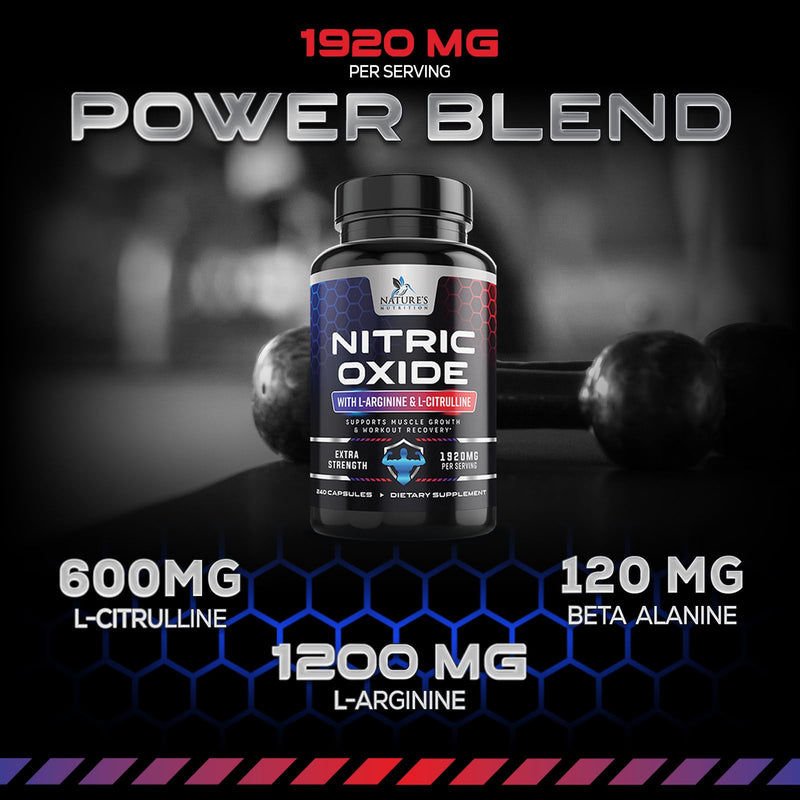 [Australia] - Extra Strength Nitric Oxide Supplement L Arginine 3X Strength - Citrulline Malate, AAKG, Beta Alanine - Premium Muscle Supporting Nitric Oxide Booster for Strength & Energy Supplements - 240 Capsules 240 Count (Pack of 1) 
