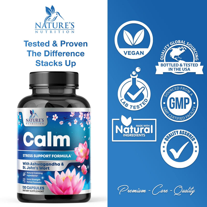[Australia] - Stress Support Supplements for Mood & Calming with Ashwagandha, GABA, Magnesium, 5-HTP, L-Theanine & B Vitamins, Natural Immune & Stress Support to Relax, Focus, Unwind - Vegan, Non-GMO - 120 Capsules 120 Count (Pack of 1) 