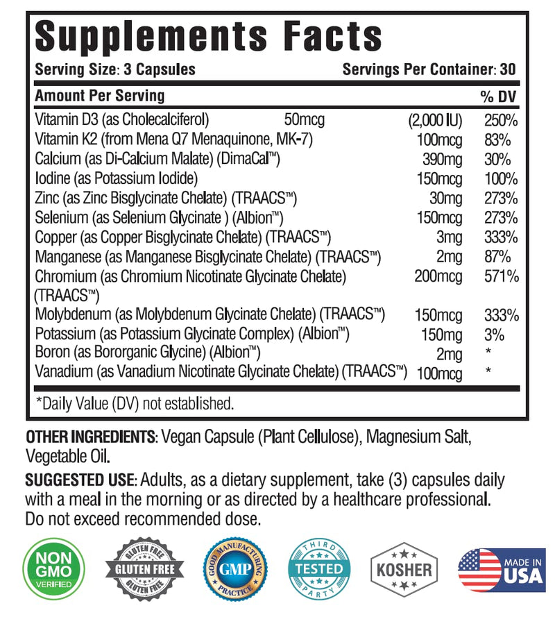 [Australia] - KAPPA NUTRITION (90 Capsules,Vitamin K2, Vitamin D3, Zinc, Selenium, Vanadium, Copper, Manganese, Potassium, Molybdenum, Calcium, Chromium, Iodine, Boron, Mineral 13 in 1 Advanced Complex, from 