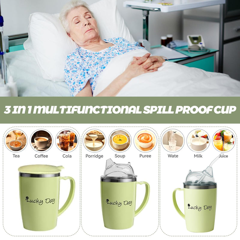350ml Adult Sippy Cups, 3-in-1 Beakers for Elderly with 30cm Straw and Lid, Anti Choke & Non Spill Elderly Drinking Cup with Handle, Stainless Steel Dysphagia Cups for Disabled Adults Drinking Aids