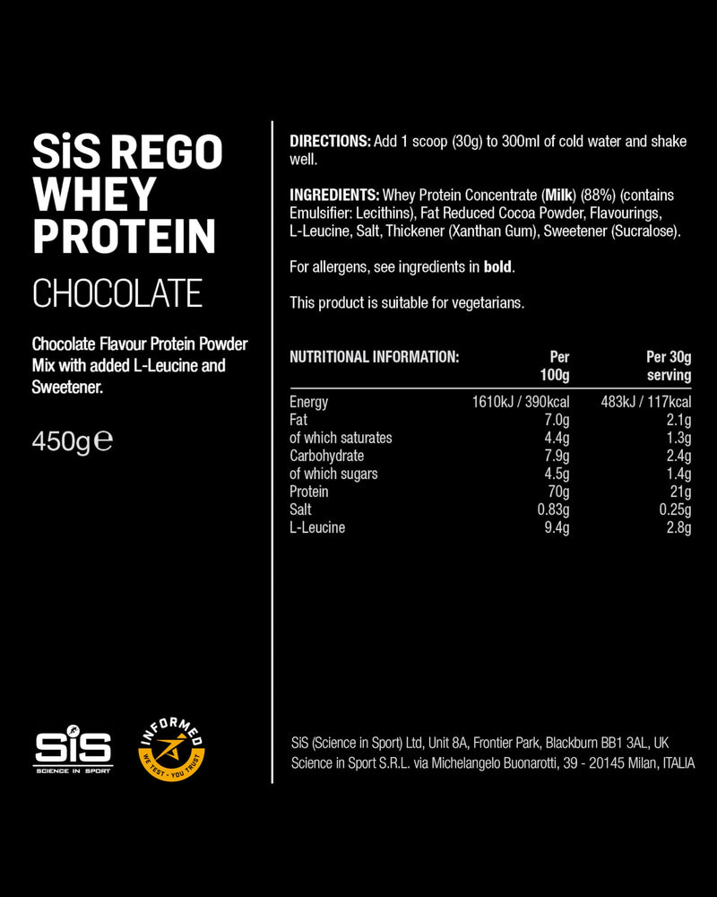 Science In Sport REGO Whey Protein Powder | Muscle Building & Recovery with BCAA Amino Acids | Chocolate Flavour, 450 Grams, 15 Servings 10 Servings (Pack of 1)
