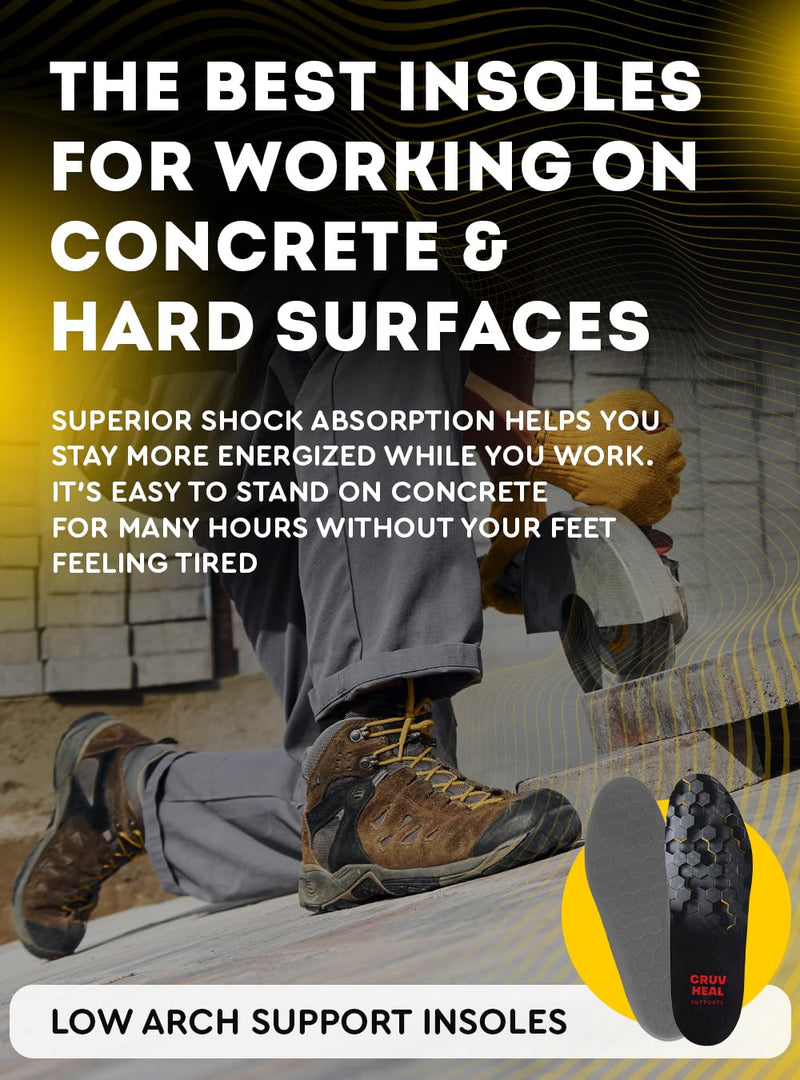 (New) Work Comfort Orthotic Insoles - Anti Fatigue Shoe Insert Men Women - Low Arch Support - Shock Absorption - Foot Pain Relief - Work Boot Insoles (Black Hexagons, L) Black Hexagons L(Men 9.5-10.5||Women 10.5-11.5)