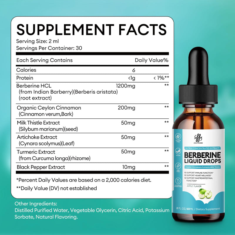 [Australia] - Berberine HCL 1200mg, 6-in-1 Berberine Complex Liquid drop for Cardiovascular Care & Body Management, Berberine with Ceylon Cinnamon, Antioxidant & Heart Health Support, Apple Flavor, 2 Fl Oz 