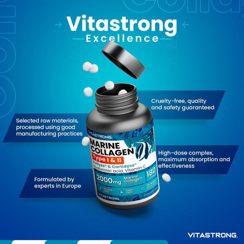 Marine Collagen with Hyaluronic Acid & Vitamin C, 180 Tablets Hydrolysed Type 1 and Collagen Type 2 Collyss & Cartidyss, Alternative to Marine Collagen Powder & Hyaluronic Acid Powder
