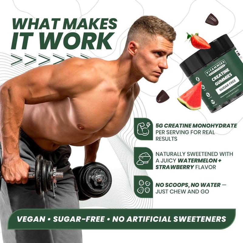 Vitammies Vegan Sugar Free Creatine Monohydrate Gummies for Muscle Gain | More Strength | Faster Recovery | Clinically Studied Creatine 5g Dose | Watermelon Strawberry Flavour | 30 Servings