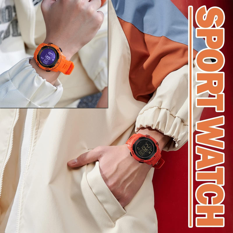 [Australia] - findtime Men's Digital Watch Waterproof Pedometer Watches Sport Watch Step Counter Calorie Military Watch with Stopwatch Alarm LED Backlight Countdown orange 