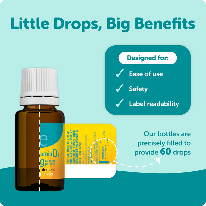 10 µg 60 Drops - Daily Vitamin D3 Supplement for Kids & Adults. Support Bone Health & Immune System - No Large Capsules, No Preservatives, Non-GMO, Allergen-Friendly