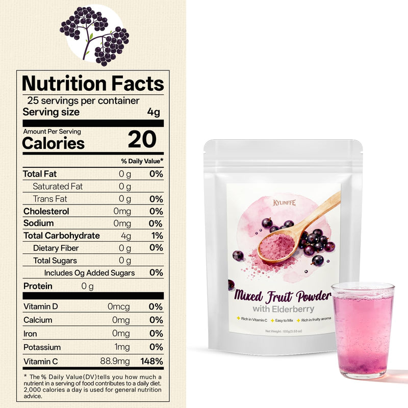 Elderberry Powder - Natural Non-GMO Fruit Blend, Sugar Free & No Additives, Ideal for Beverages, Smoothies & Drinks