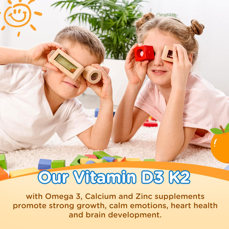 Vitamin D3 K2 Drops for Kids Liquid Supplement with Calcium, Omega 3, Zinc, Vitamin D3 K2 for Calcium Absorption Healthy Bones, Brain Development & Immune System, Non-GMO, Vegan, Orange Flavor 2 Fl Oz 2 Fl Oz (Pack of 1)