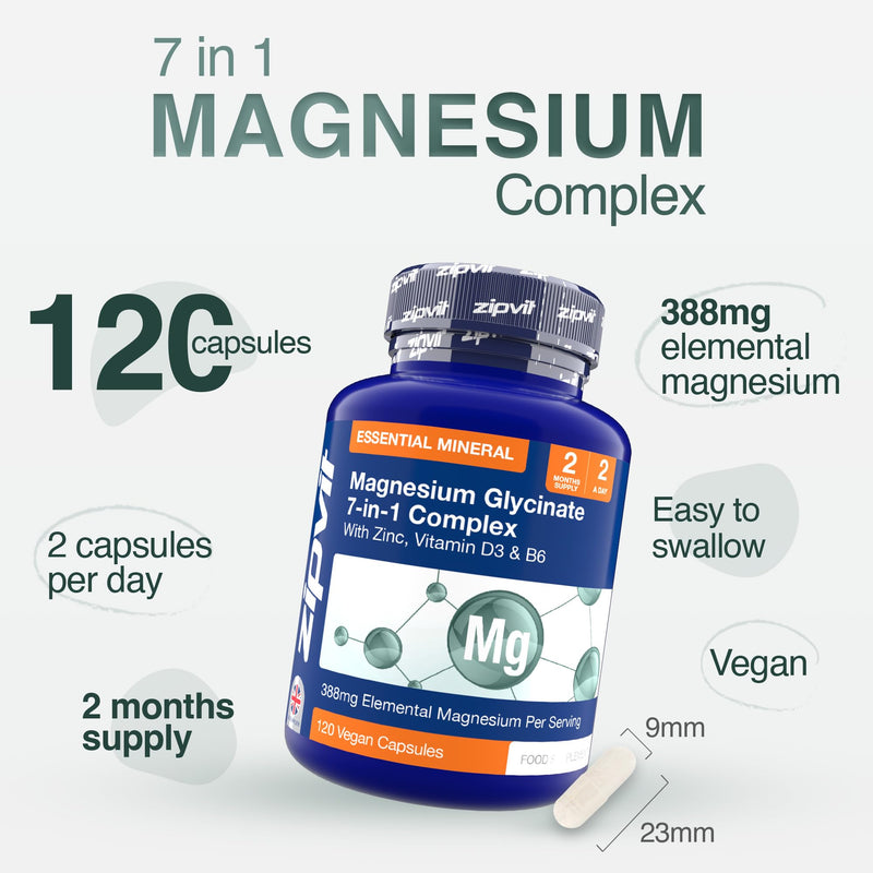Zipvit Magnesium Glycinate 7-in-1 Complex, 1800mg with 388mg Elemental, High Absorption with Bisglycinate, Malate, Citrate, Oxide, Plus Vitamin D3, B6 & Zinc, 120 Capsules, Vegan Magnesium Supplements 7 in 1 Glycinate Complex - 120 Capsules - Jar
