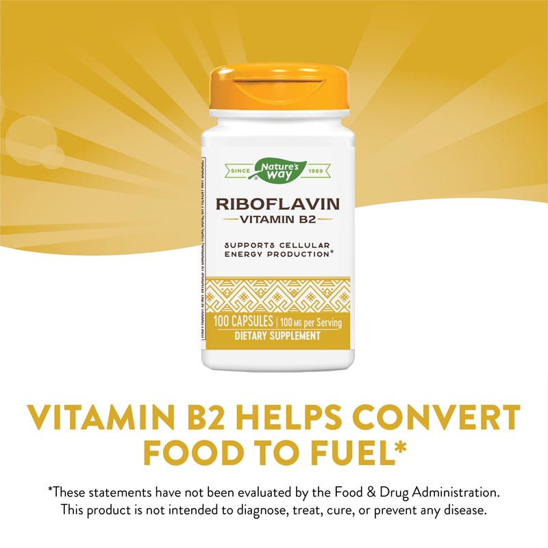 Nature's Way Riboflavin Vitamin B2, Supports Cellular Energy Production*, High Potency Riboflavin, 100 mg per Serving, (Packaging May Vary) 100 Capsules (Pack of 2) 100 Count (Pack of 2)