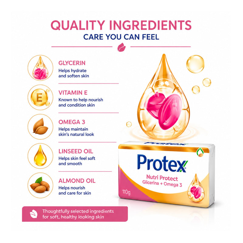 Protexx Nutri Protect Glycerin + Vitamin E Bar Soap, 3 Pack, 110g Each, Daily Cleansing Body Soap Bars Nutri Protect Glycerin + Omega 3