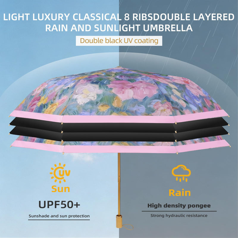 Elegant Double Layer Classical Floral Oil Painting Folding Umbrella for Women Windproof Rain & Sun UV Protection Parasol with Cover Blush of the Rose Briar