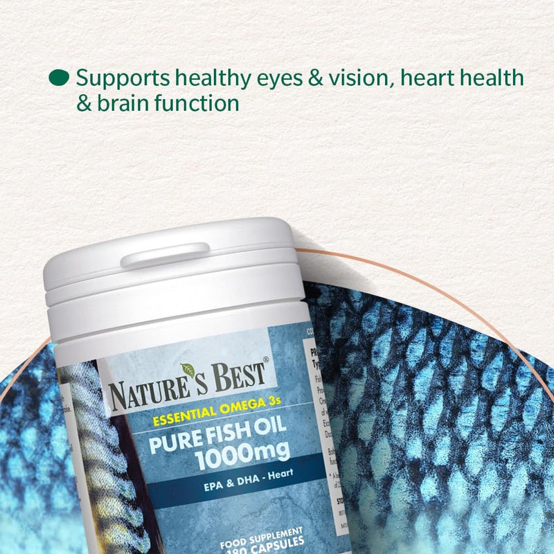 Nature's Best Pure Fish Oil Capsules High Strength (1000mg) - Essential Omega 3 Fish Oil with EPA 360mg and DHA 240mg - UK Made - 180 Capsules (Up to 6 Months' Supply) 1000 mg 180 Count (Pack of 1)