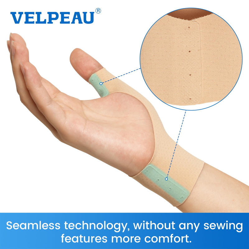 VELPEAU Elastic Thumb Wrist Support Brace (Pack of 2), Splashproof Compression Sleeve for Arthritis Pain, Tendonitis, Sprains, Sports, Splint Liner, Fits Left & Right Hands (Long Version - Khaki, Small) Long Version - Khaki