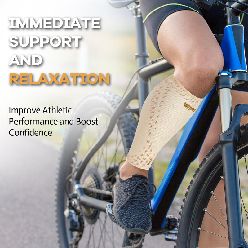 Copper Calf Compression Sleeve for Men and Women, Shin Splint Compression Sleeve for Legs Pain Relief, Footless Compression Socks for Varicose Veins (Nude, Medium) Nude