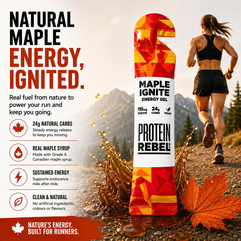 Maple Ignite - Natural Energy Gels with Grade A Canadian Maple Syrup for Running, Cycling & Endurance by Protein Rebel - Easy to Digest Running Gels - 24g Carbs, Electrolytes (8 Sachets) Maple Ignite 36 g (Pack of 8)