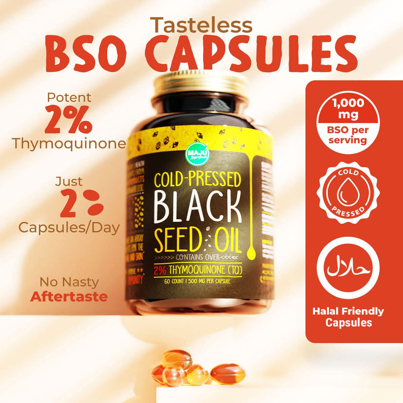 [Australia] - MAJU's Black Seed Oil Capsules - Cold Pressed, 2% Thymoquinone, 100% Turkish Black Cumin Nigella Sativa Seed Oil, 100% Liquid Pure Blackseed Oil 60 Count, 500mg per Capsule 60 Count (Pack of 1) 