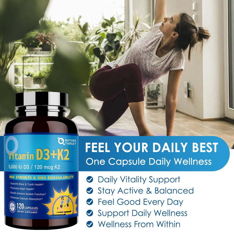 NATURE TARGET Vitamin D3 K2 with Calcium & Magnesium, 120 Servings | 6-in-1 Max Strength Complex, 5000 IU Vitamin D3 and 120 mcg K2, for Bone, Heart, and Immune Support, Gluten Free 120 Count (Pack of 1)