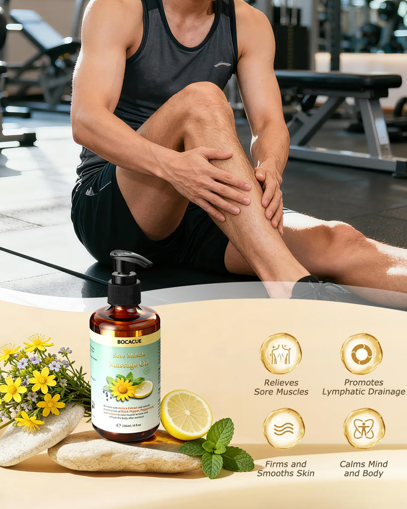 Sore Muscle Massage Oil for Massage Therapy, Arnica Oil for Muscle Relaxing & Lymphatic Drainage with Black Pepper, Peppermint & Grapeseed Oil, Essential Oils for Skin & Body Care, 8 fl oz