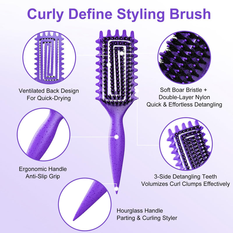 2-Pack Curly Hair Brush, Curl Defining Brush with Soft Boar Bristles Detangling Tangled Glides, Wide-Teeth Design Effortlessly Shaping & Defining Curls, Curling Definer for Wet & Dry Hair(Pink Purple) Pink Purple