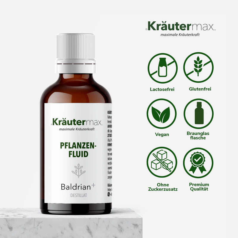 Kräutermax - Plant Fluid Valerian+ - Distillate in Glass - Vegan - Sustainable Packaging Thanks to Amber Glass Bottle - 50 ml