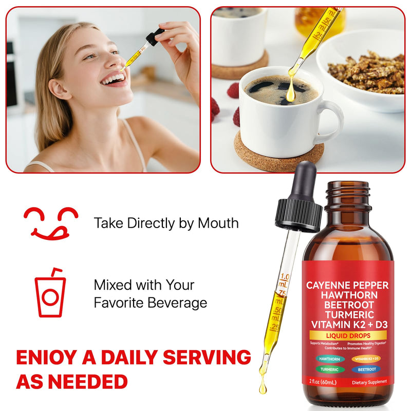 Cayenne Pepper Drops, Rethes Cayenne Pepper Liquid Drops with Hawthorn Berry, Vitamin K2 D3 Beet Root Powder, Turmeric Curcumin, Cayenne Health Supplements, Vegan-Friendly, Easily Absorbed, 60ml