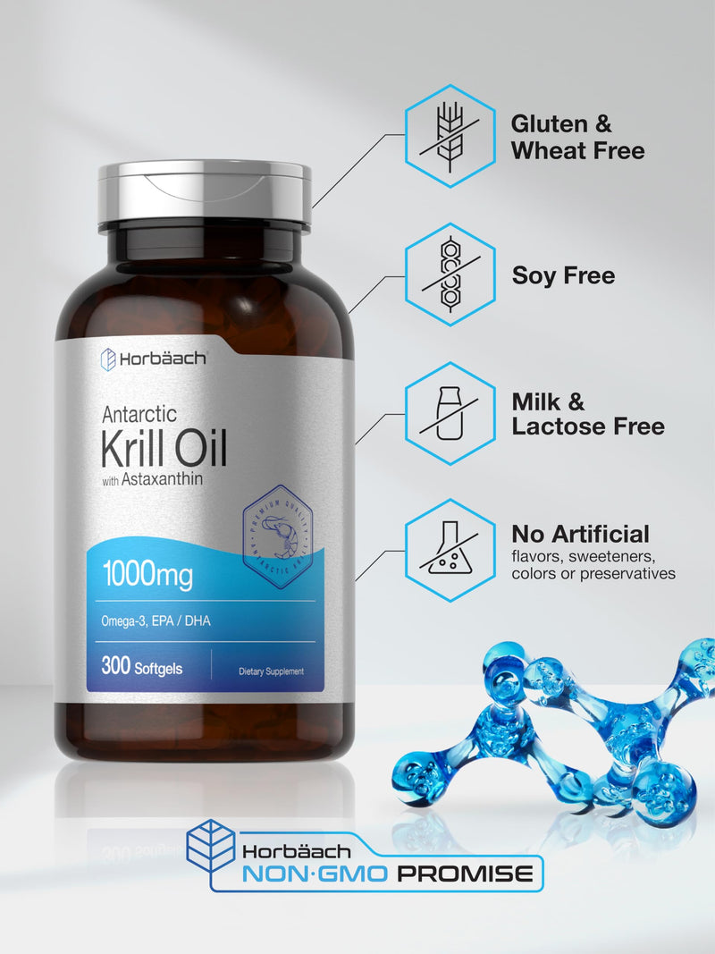 Horbäach Antarctic Krill Oil 1000mg | 300 Softgel Capsules | Omega 3, EPA, DHA Supplement | with Astaxanthin | Value Size | Non-GMO, Gluten Free