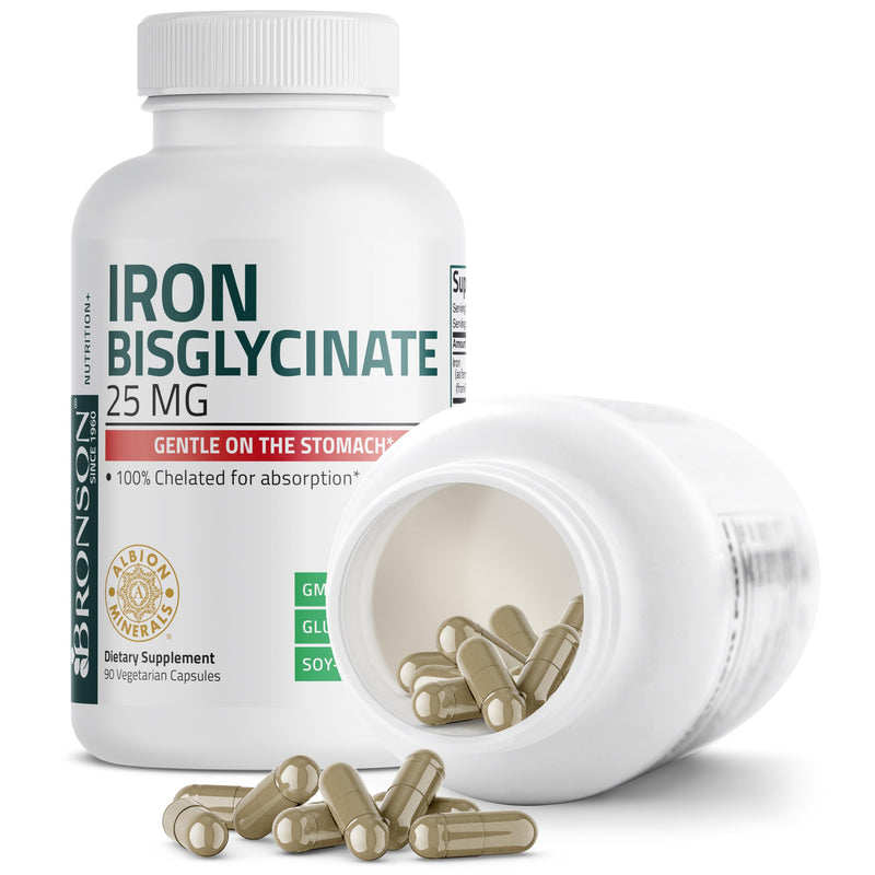 [Australia] - Bronson Iron Bisglycinate 25 mg Gentle on The Stomach, Supports Energy & Healthy Red Blood Cell Production - Non-Constipating Formula - Non GMO, 90 Vegetarian Capsules 90 Count (Pack of 1) 